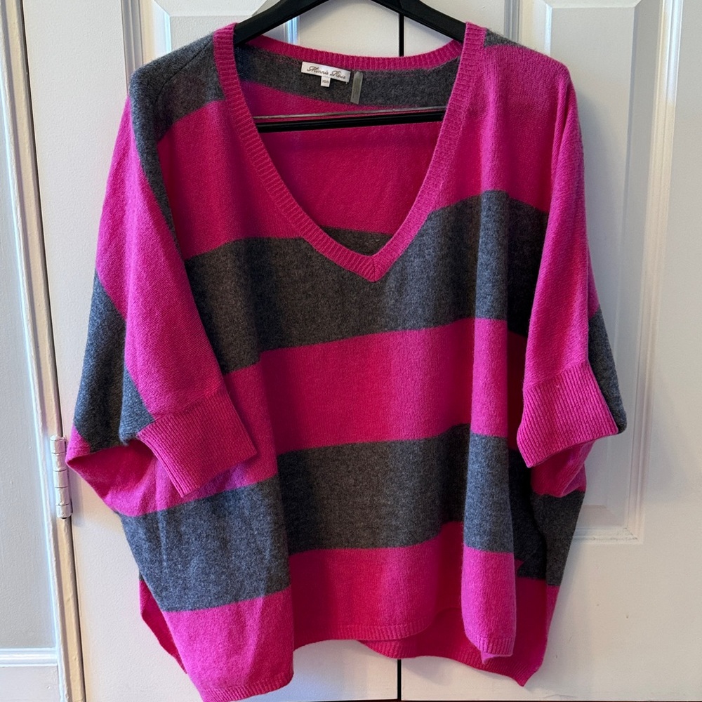 Minnie Rose Cashmere Pink and Gray Striped Women's Sweater